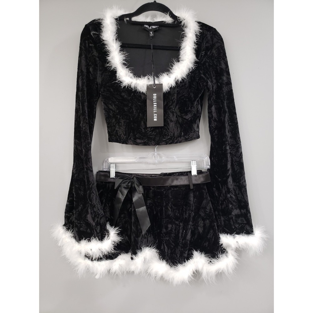 NEW DOLLS KILL Santa Mrs Clause Gothic Black Crop Top Skirt Lingerie Costume